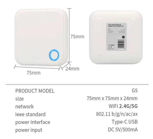 SmartZafe Gateway G5, TTLock, 2.4G og 5G WiFi, inkl. strømforsyning