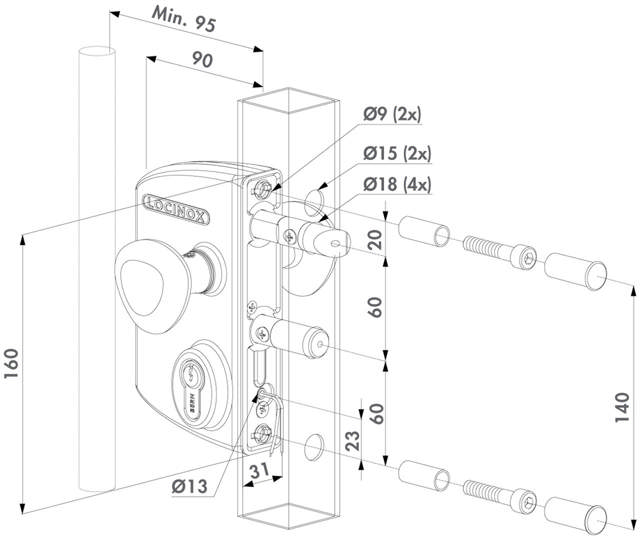Locinox elektrisk port låsekasse 40 mm, fail close, sølv