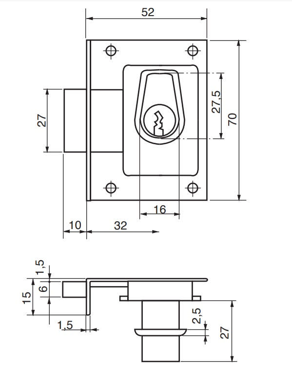 Ruko møbellås RB1612 Messing højre